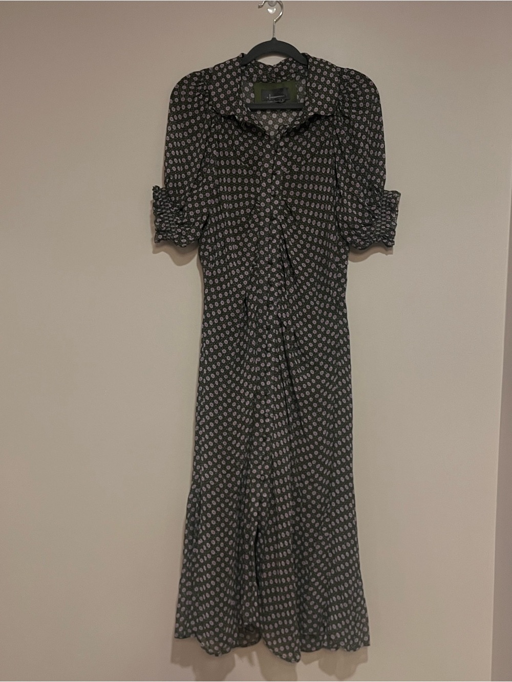 Anthropologie Puff-Sleeve Ruched Mesh Midi Shirt Dress Women Sz 10 Floral office - Picture 2 of 13